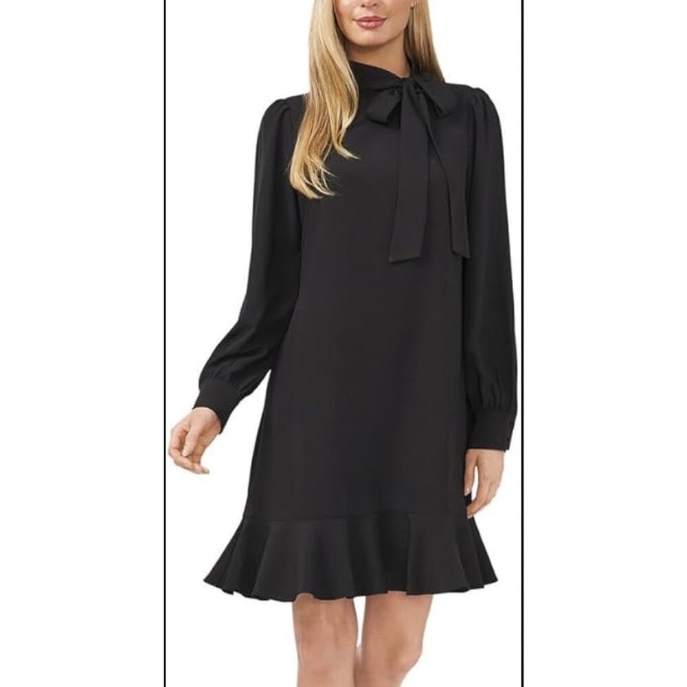 CeCe Black Tie Neck Ruffle Hem Dress 2 NWT